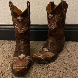Brown and Tan Embroidered Cowboy Boots